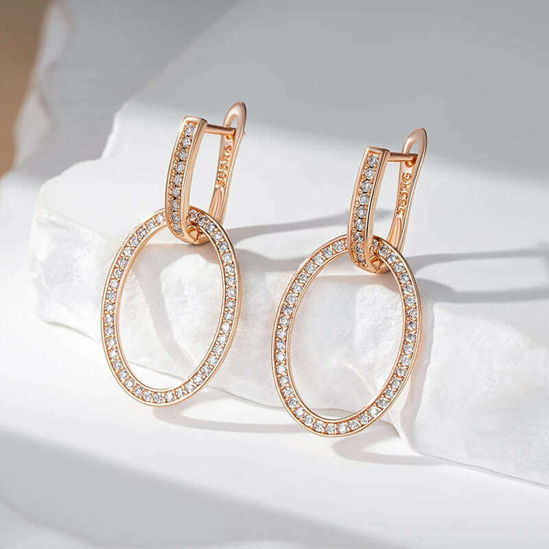 Kienl Hot Full Shiny Natural Zircon Big Drop Earring for Women 585 Rose Gold Color Unique Round Crystal Daily Vintage Jewelry - KIMLUD