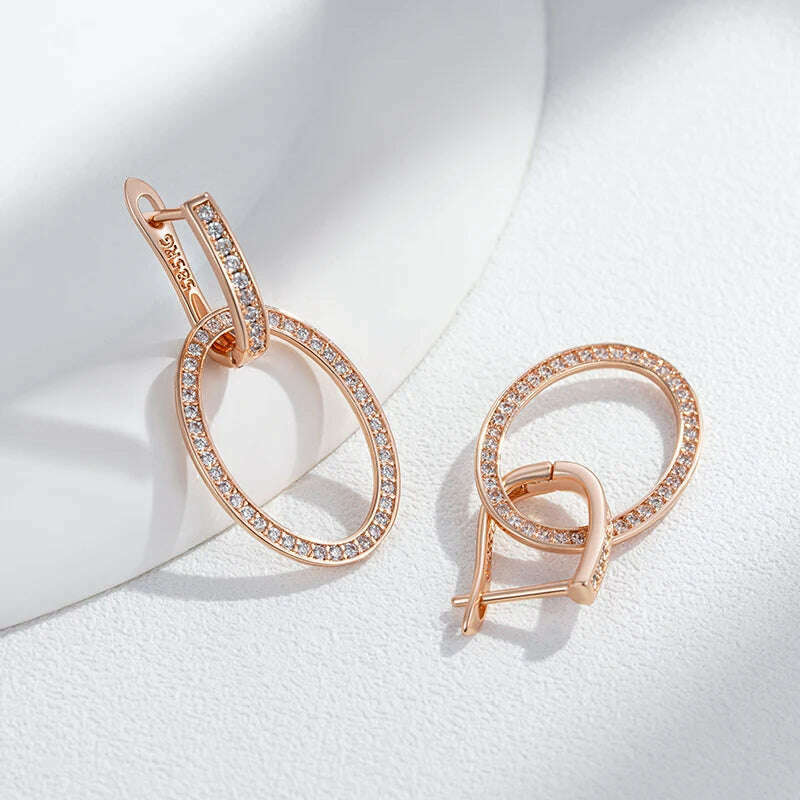 Kienl Hot Full Shiny Natural Zircon Big Drop Earring for Women 585 Rose Gold Color Unique Round Crystal Daily Vintage Jewelry - KIMLUD