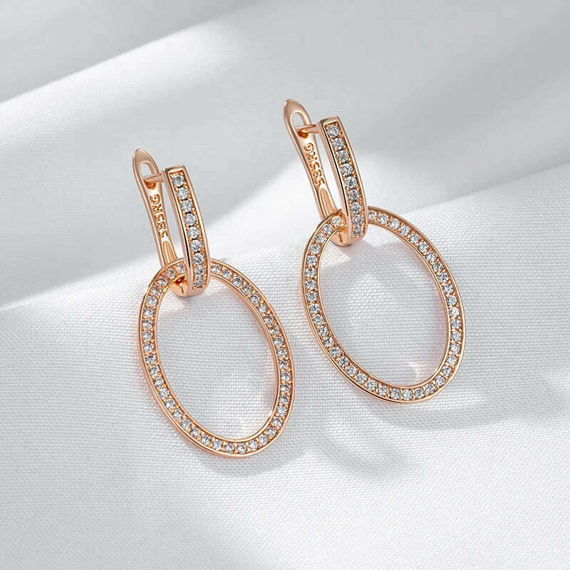 Kienl Hot Full Shiny Natural Zircon Big Drop Earring for Women 585 Rose Gold Color Unique Round Crystal Daily Vintage Jewelry - KIMLUD