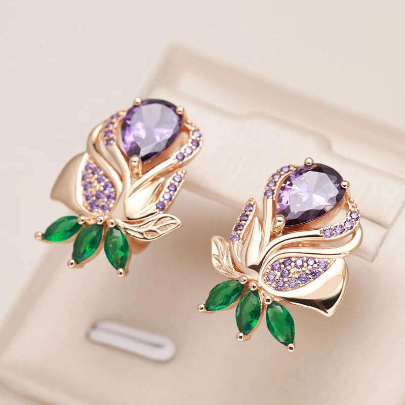 Kienl Vintage Purple Natural Zircon Flower Drop Earring High Quality Fine Daily Jewelry Women 585 Rose Gold Color Big Earring - KIMLUD