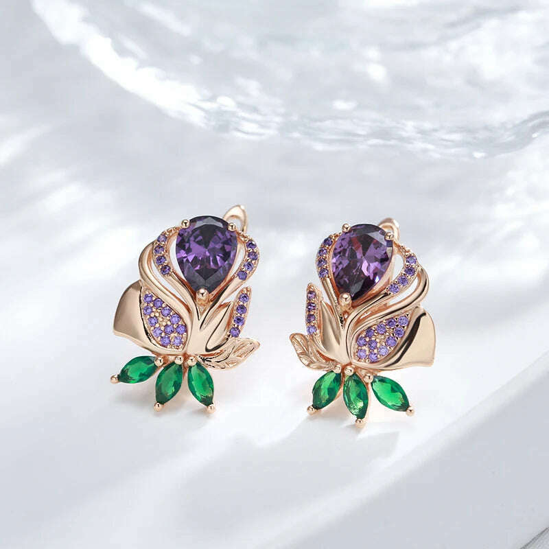 Kienl Vintage Purple Natural Zircon Flower Drop Earring High Quality Fine Daily Jewelry Women 585 Rose Gold Color Big Earring - KIMLUD