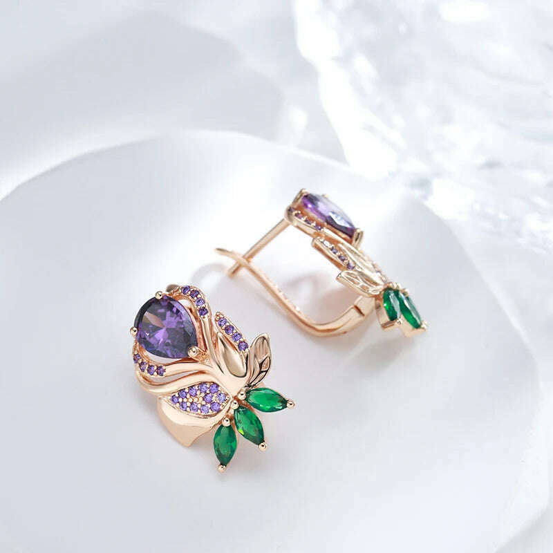 Kienl Vintage Purple Natural Zircon Flower Drop Earring High Quality Fine Daily Jewelry Women 585 Rose Gold Color Big Earring - KIMLUD