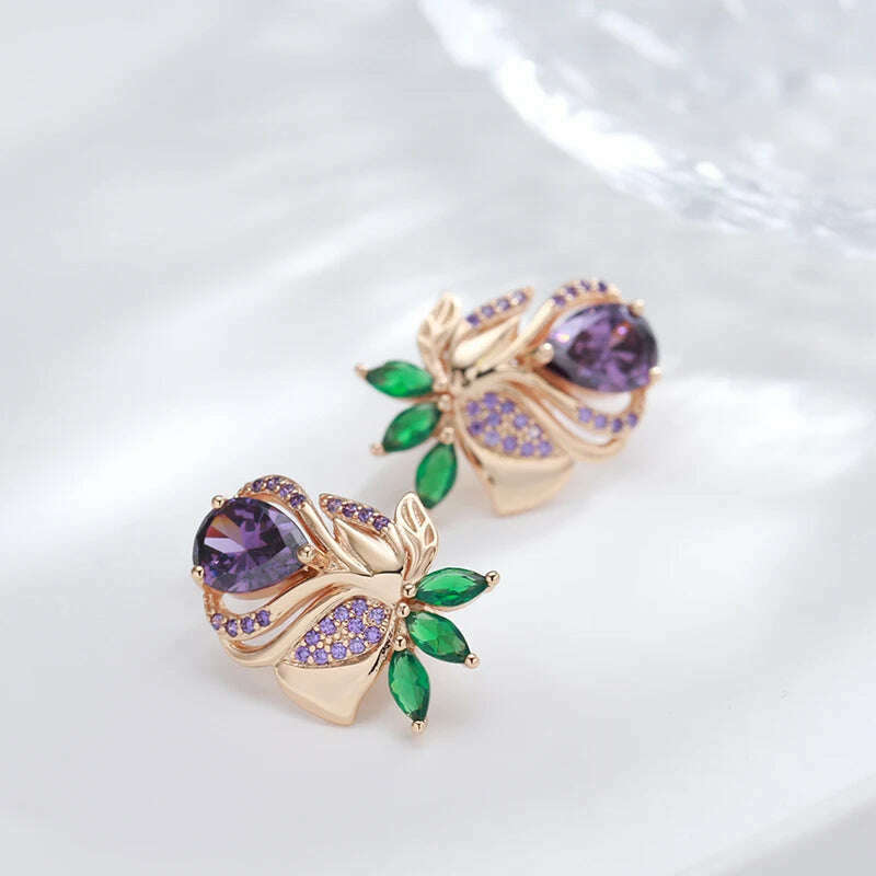 Kienl Vintage Purple Natural Zircon Flower Drop Earring High Quality Fine Daily Jewelry Women 585 Rose Gold Color Big Earring - KIMLUD