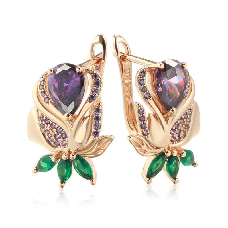 Kienl Vintage Purple Natural Zircon Flower Drop Earring High Quality Fine Daily Jewelry Women 585 Rose Gold Color Big Earring - KIMLUD