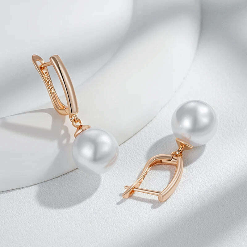 Kinel Hot Simple 10mm 12mm 16mm Pearl Drop Earrings for Women Luxury 585 Rose Gold Color Bridal Daily Earrings Wedding Jewelry - KIMLUD