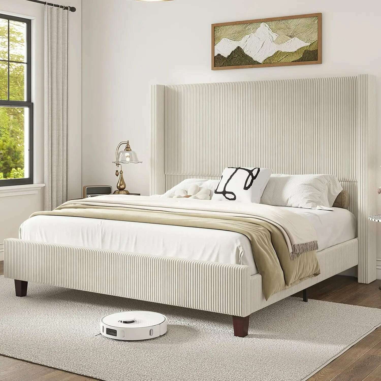 KIMLUD, King Size 61" Corduroy Upholstered Bed Frame, Platform Bed with Vertical Stripe Wingback Headboard, No Box Spring Needed/Noise, Cream-king / United States, KIMLUD APPAREL - Womens Clothes