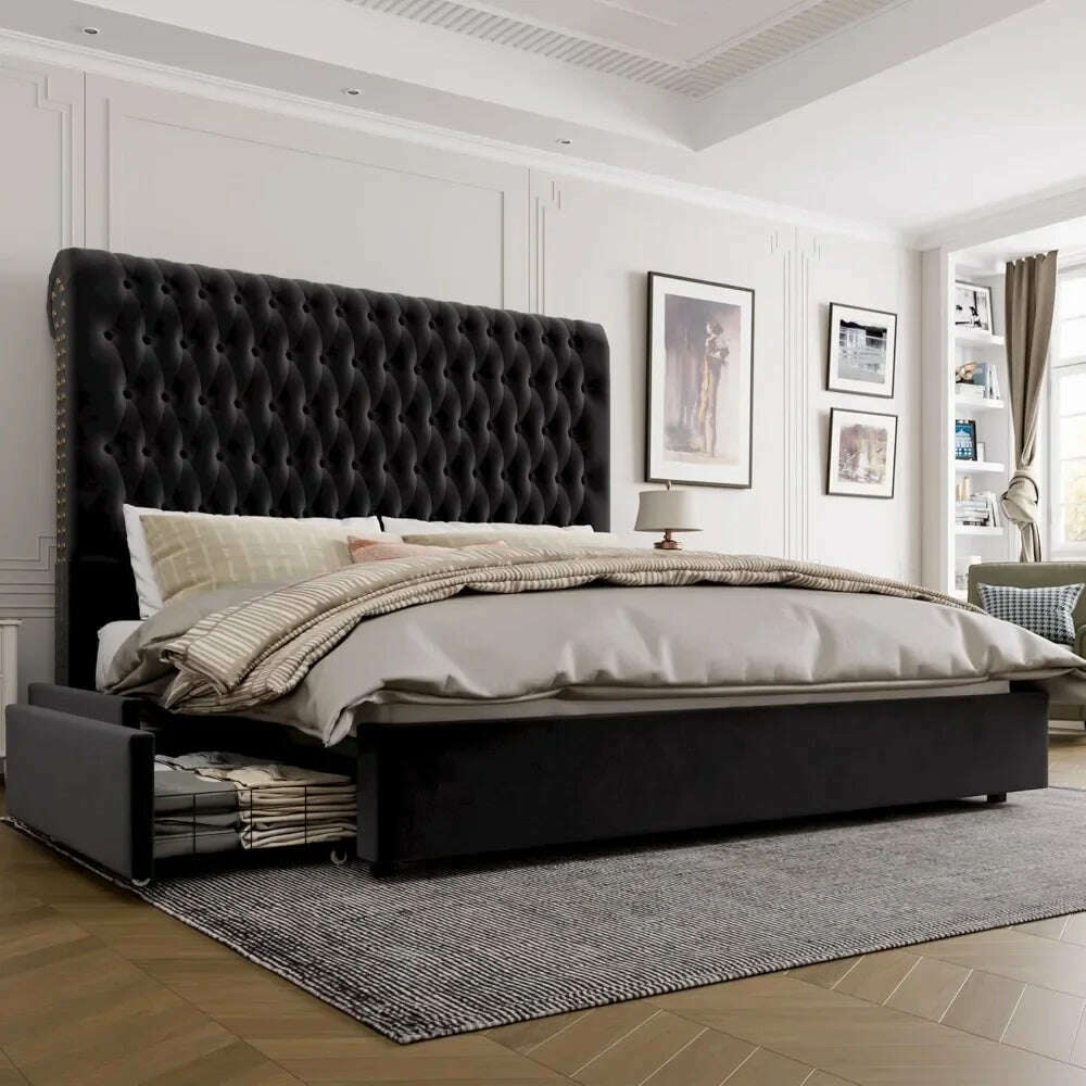 KIMLUD, King Size Bed Frame 55" Tall Headboard with Gorgeous Button Tufted and Nail, Velvet Fabric Upholstered Bed Frame, KIMLUD Womens Clothes