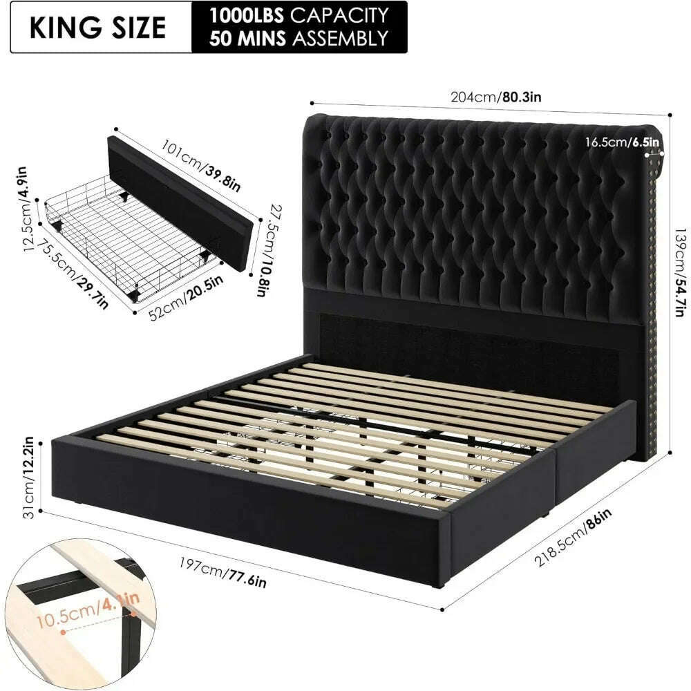 KIMLUD, King Size Bed Frame 55" Tall Headboard with Gorgeous Button Tufted and Nail, Velvet Fabric Upholstered Bed Frame, KIMLUD Womens Clothes
