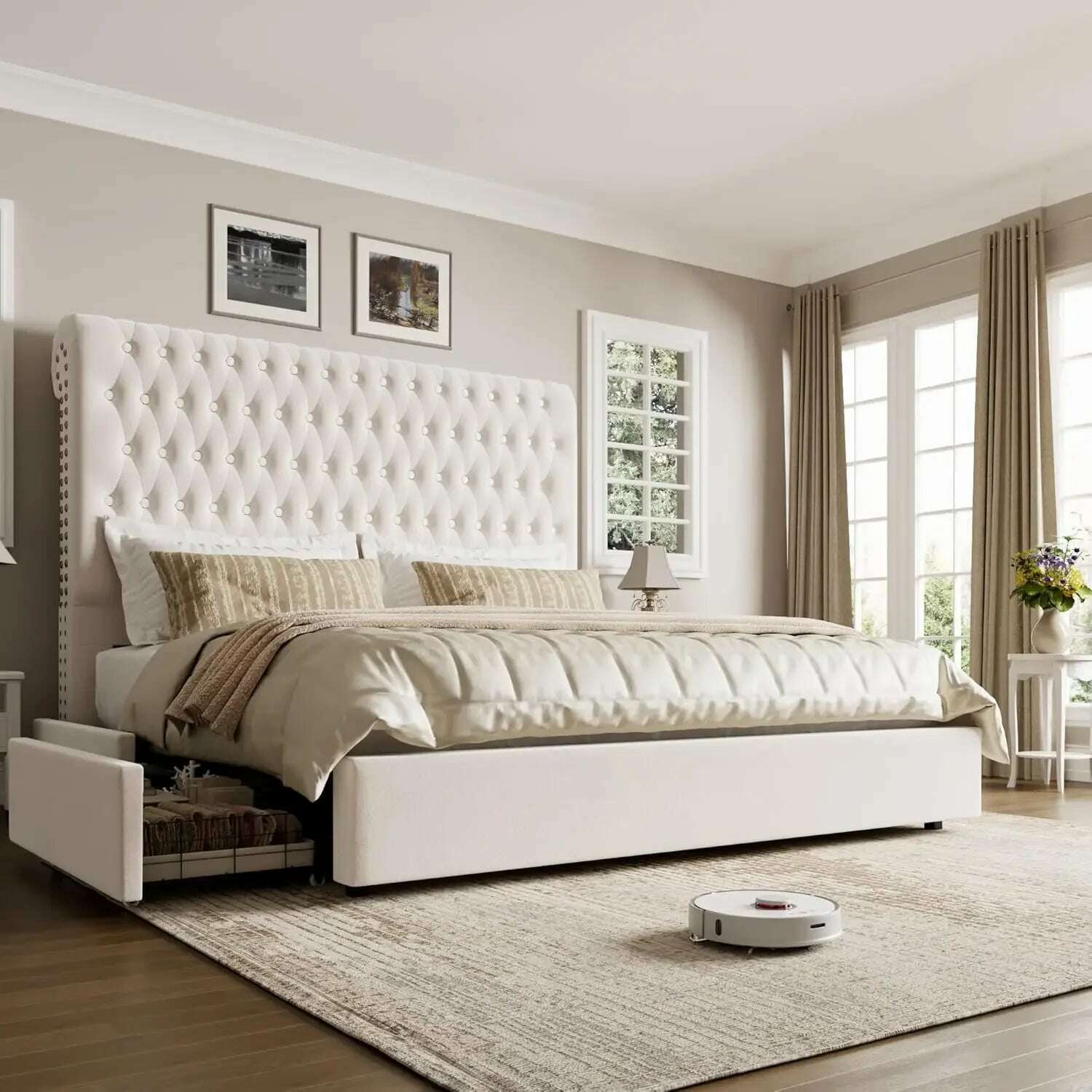 KIMLUD, King Size Bed Frame 55" Tall Headboard with Gorgeous Button Tufted and Nail, Velvet Fabric Upholstered Bed Frame, Beige / Queen / United States, KIMLUD APPAREL - Womens Clothes