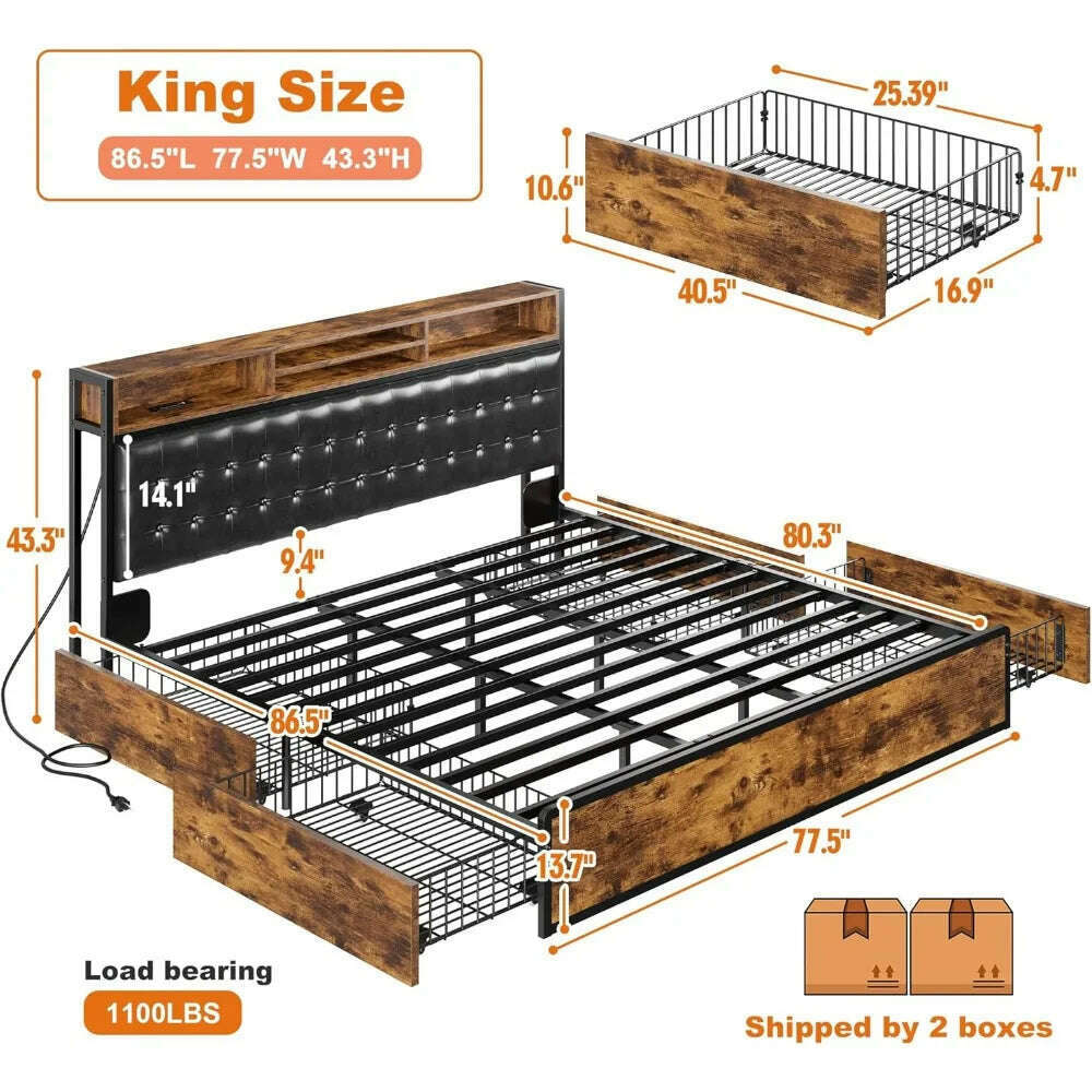 KIMLUD, King Size Bed Frame with 4 Storage Drawers King Bed  Upholstered Charging Station,No Noise,No Box Spring Needed,Vintage Brown, KIMLUD Womens Clothes