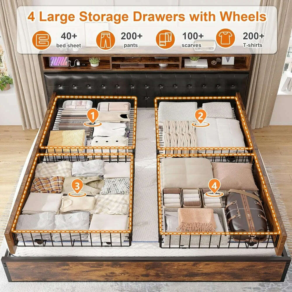 KIMLUD, King Size Bed Frame with 4 Storage Drawers King Bed  Upholstered Charging Station,No Noise,No Box Spring Needed,Vintage Brown, KIMLUD Womens Clothes
