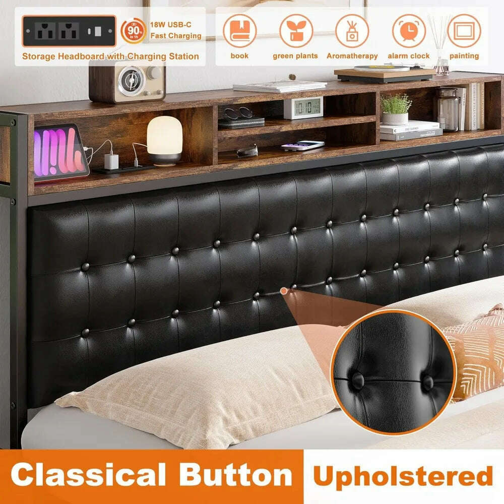 KIMLUD, King Size Bed Frame with 4 Storage Drawers King Bed  Upholstered Charging Station,No Noise,No Box Spring Needed,Vintage Brown, KIMLUD Womens Clothes