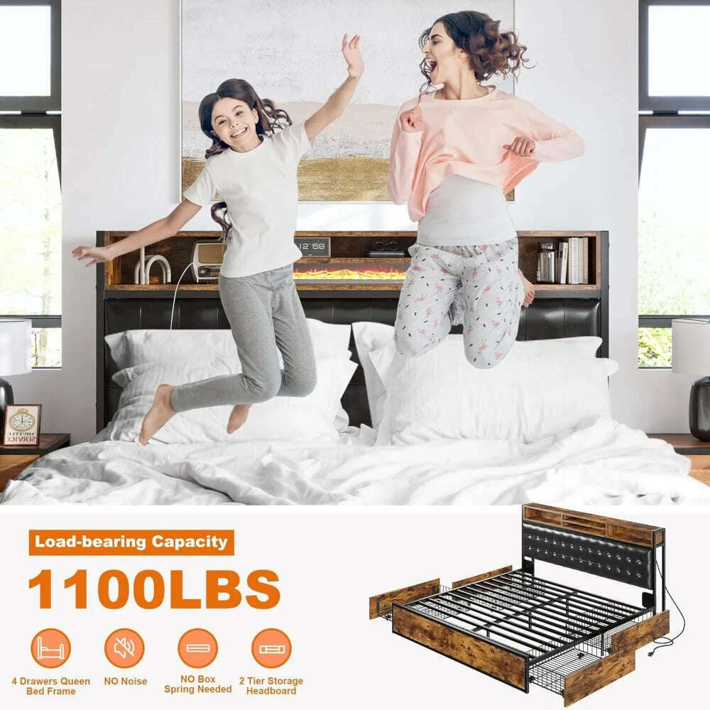 KIMLUD, King Size Bed Frame with 4 Storage Drawers King Bed  Upholstered Charging Station,No Noise,No Box Spring Needed,Vintage Brown, KIMLUD Womens Clothes