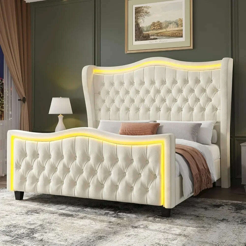 KIMLUD, King Size Bed Frame with LED Lights, 53'' Upholstered Platform Wingback Bed with Handmade Deep Button Tufted Headboard Footboard, Cream / King / United States, KIMLUD APPAREL - Womens Clothes