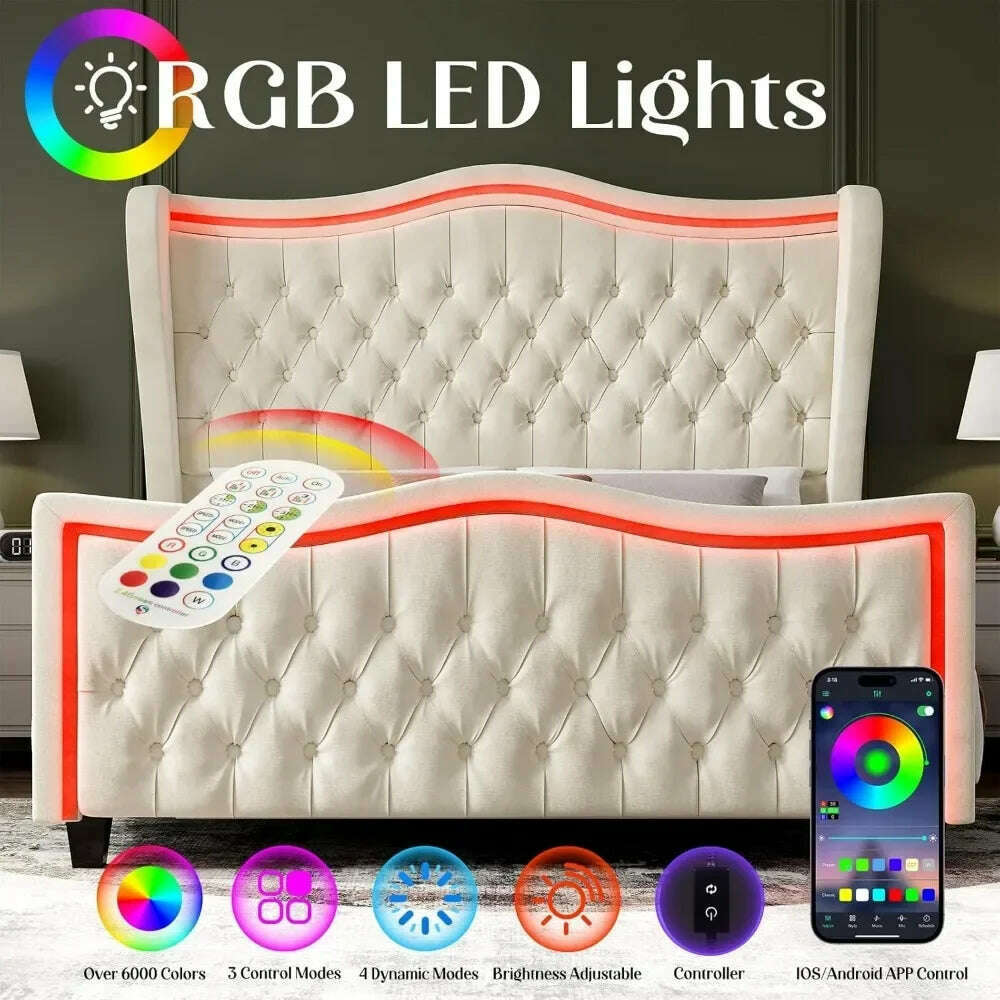 KIMLUD, King Size Bed Frame with LED Lights, 53'' Upholstered Platform Wingback Bed with Handmade Deep Button Tufted Headboard Footboard, KIMLUD Womens Clothes