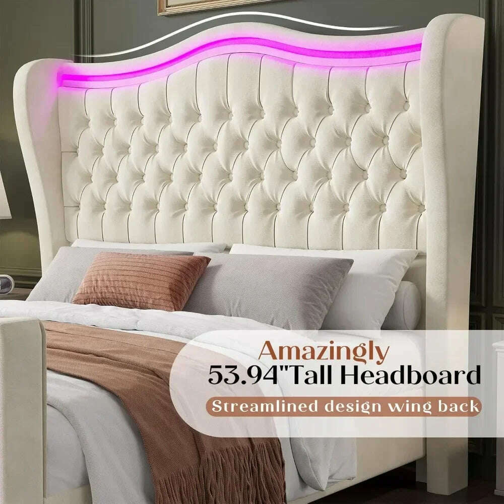 KIMLUD, King Size Bed Frame with LED Lights, 53'' Upholstered Platform Wingback Bed with Handmade Deep Button Tufted Headboard Footboard, KIMLUD Womens Clothes