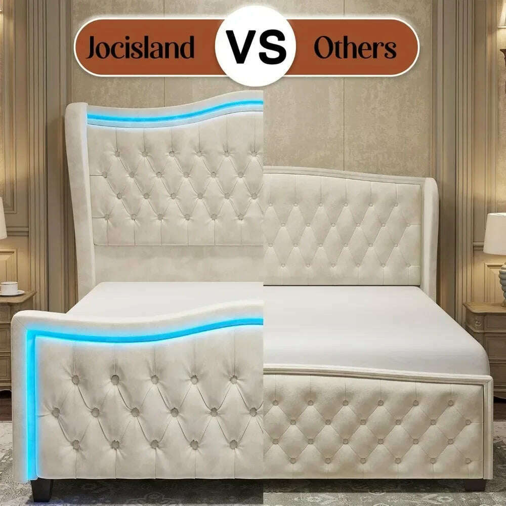 KIMLUD, King Size Bed Frame with LED Lights, 53'' Upholstered Platform Wingback Bed with Handmade Deep Button Tufted Headboard Footboard, KIMLUD Womens Clothes