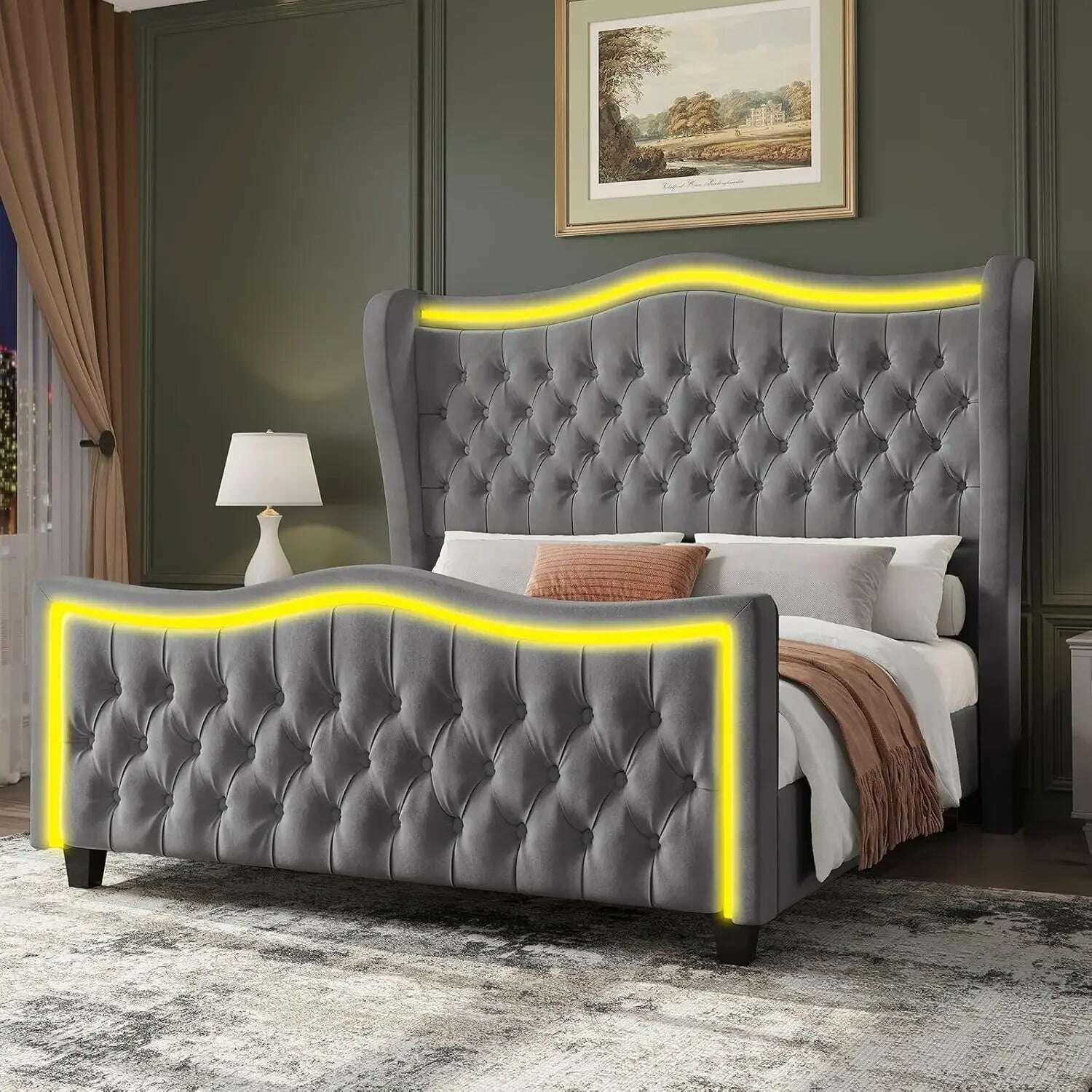KIMLUD, King Size Bed Frame with LED Lights, 53'' Upholstered Platform Wingback Bed with Handmade Deep Button Tufted Headboard Footboard, Grey / Queen / United States, KIMLUD APPAREL - Womens Clothes
