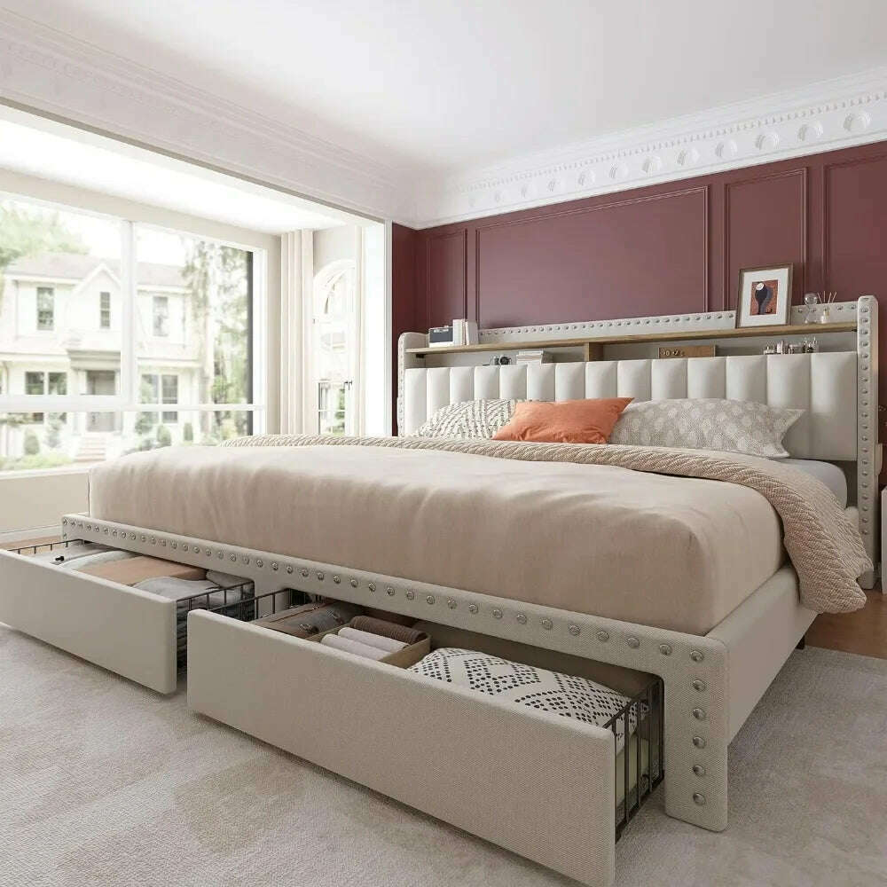 KIMLUD, King Size Bed Frame with Storage and Headboard, Bed Frame with 2 Drawers and Storage, NO Noise,No Box Spring Needed, KIMLUD Womens Clothes