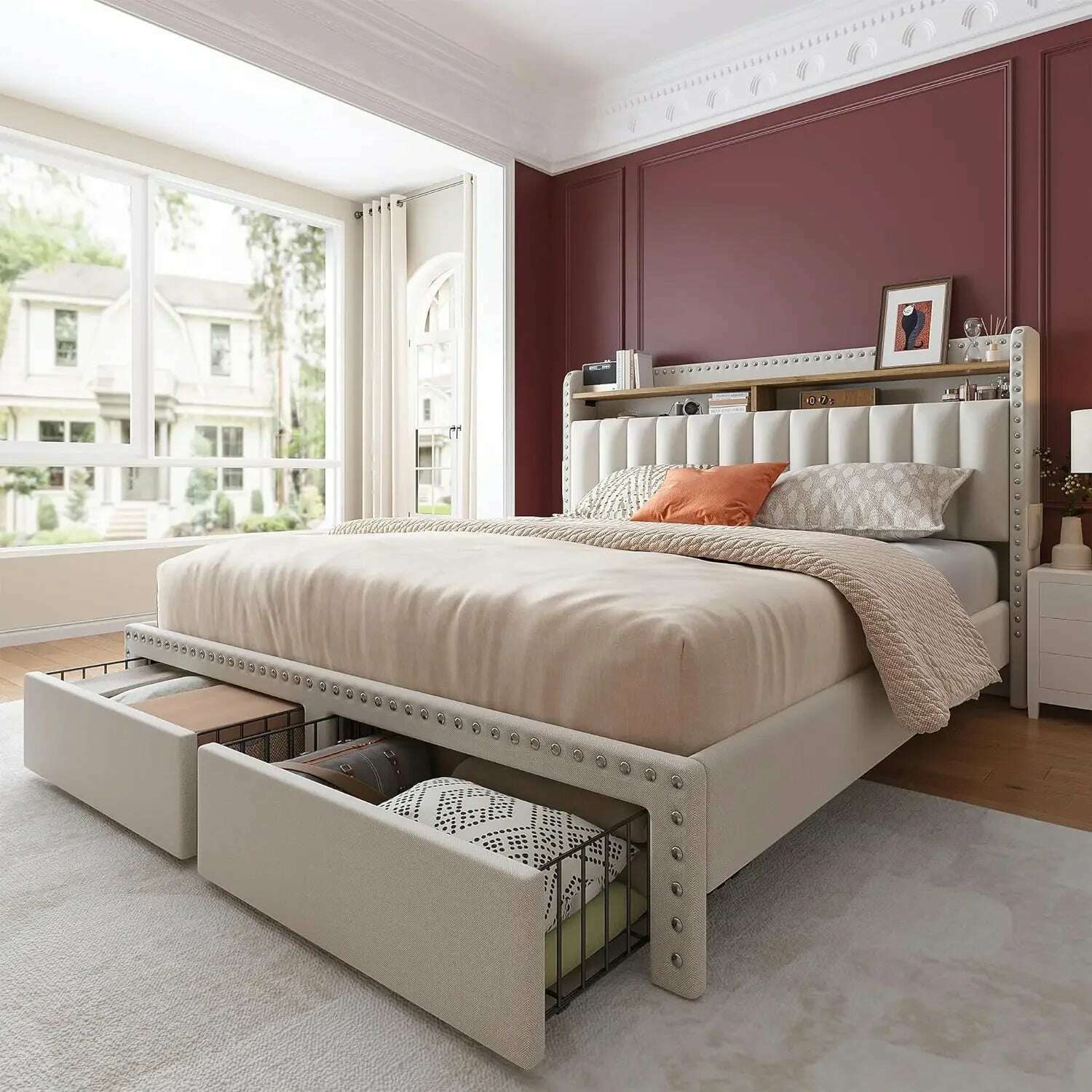 KIMLUD, King Size Bed Frame with Storage and Headboard, Bed Frame with 2 Drawers and Storage, NO Noise,No Box Spring Needed, Beige / Full / United States, KIMLUD APPAREL - Womens Clothes