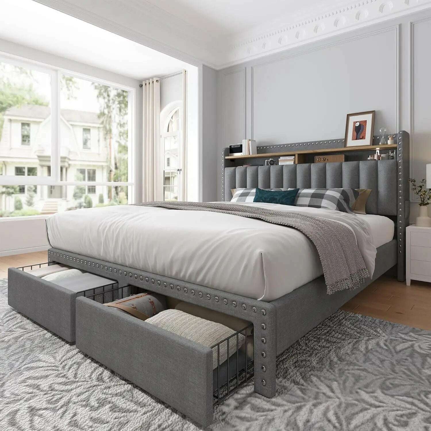 KIMLUD, King Size Bed Frame with Storage and Headboard, Upholstered Bed Frames with Storage and 2 Drawers, King Size Beds Frame, Grey / United States / King, KIMLUD APPAREL - Womens Clothes