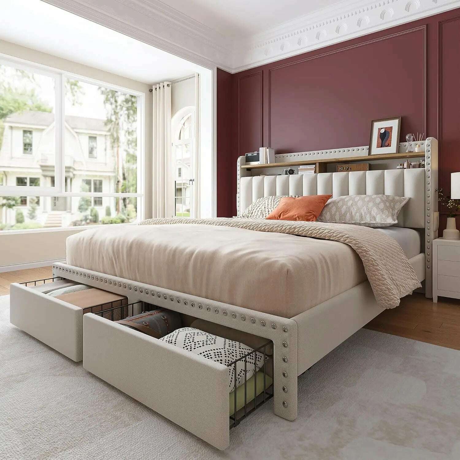 KIMLUD, King Size Bed Frame with Storage and Headboard, Upholstered King Bed Frame with Storage, King Bed Frame with 2 Drawers, Beige / United States / King, KIMLUD APPAREL - Womens Clothes