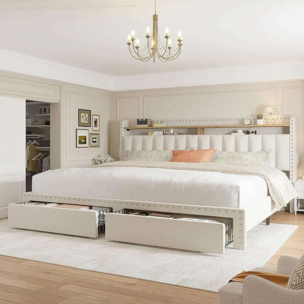 KIMLUD, King Size Bed Frame with Storage and Headboard,Upholstered King Bed Frame with Storage & 2 Drawers,NO Noise,No Box Spring Needed, KIMLUD Womens Clothes
