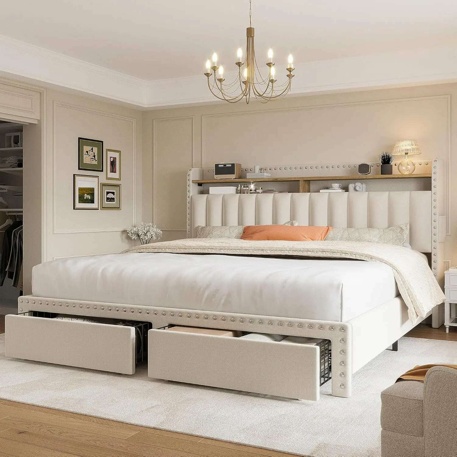 KIMLUD, King Size Bed Frame with Storage and Headboard,Upholstered King Bed Frame with Storage & 2 Drawers,NO Noise,No Box Spring Needed, Beige-Queen / United States, KIMLUD APPAREL - Womens Clothes