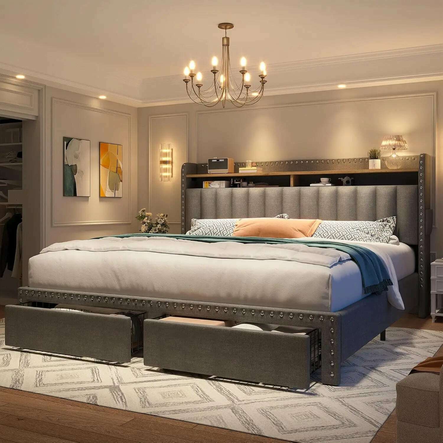 KIMLUD, King Size Bed Frame with Storage and Headboard,Upholstered King Bed Frame with Storage & 2 Drawers,NO Noise,No Box Spring Needed, Grey-Queen / United States, KIMLUD APPAREL - Womens Clothes