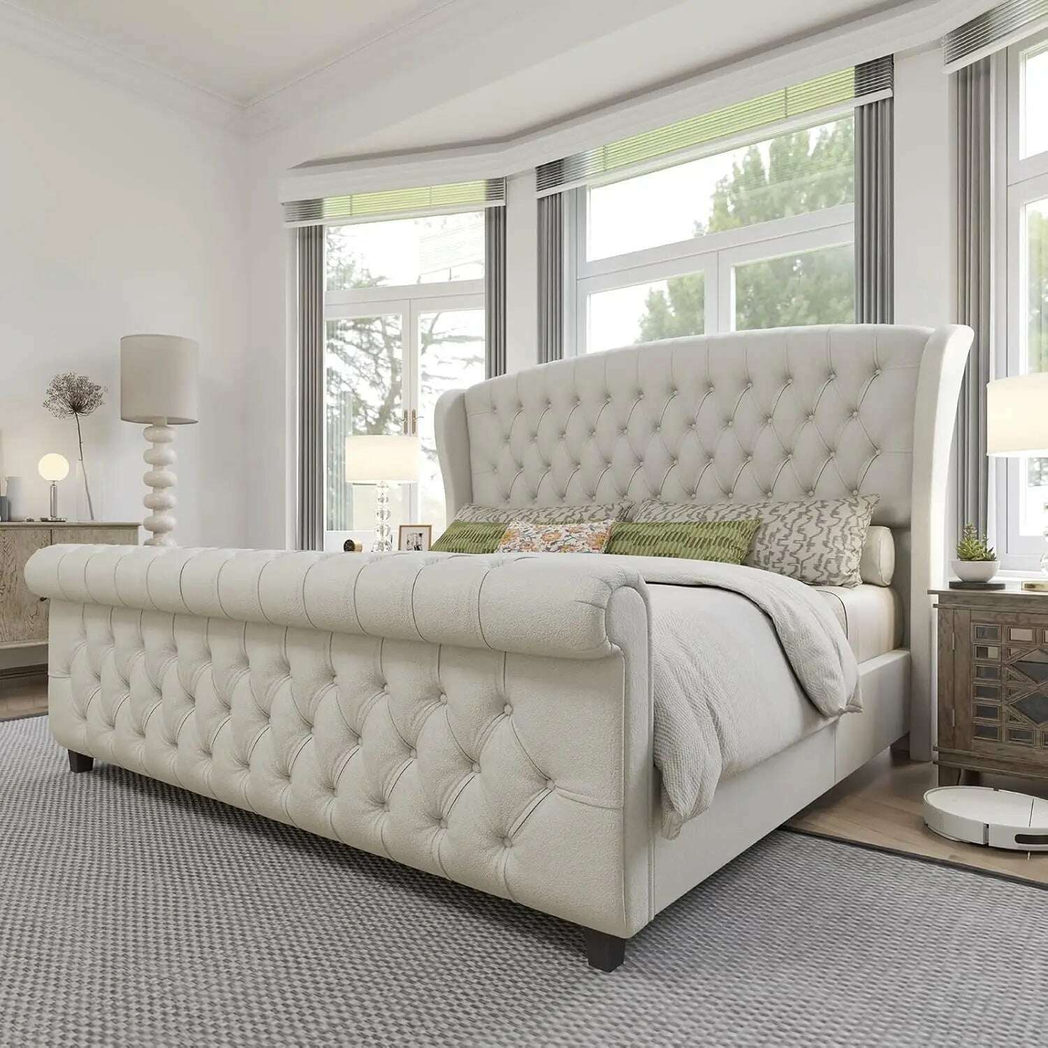 KIMLUD, King Size Platform Bed Frame, Chenille Upholstered Sleigh Bed with Scroll Wingback Headboard & Footboard/Button Tufted, United States, KIMLUD APPAREL - Womens Clothes
