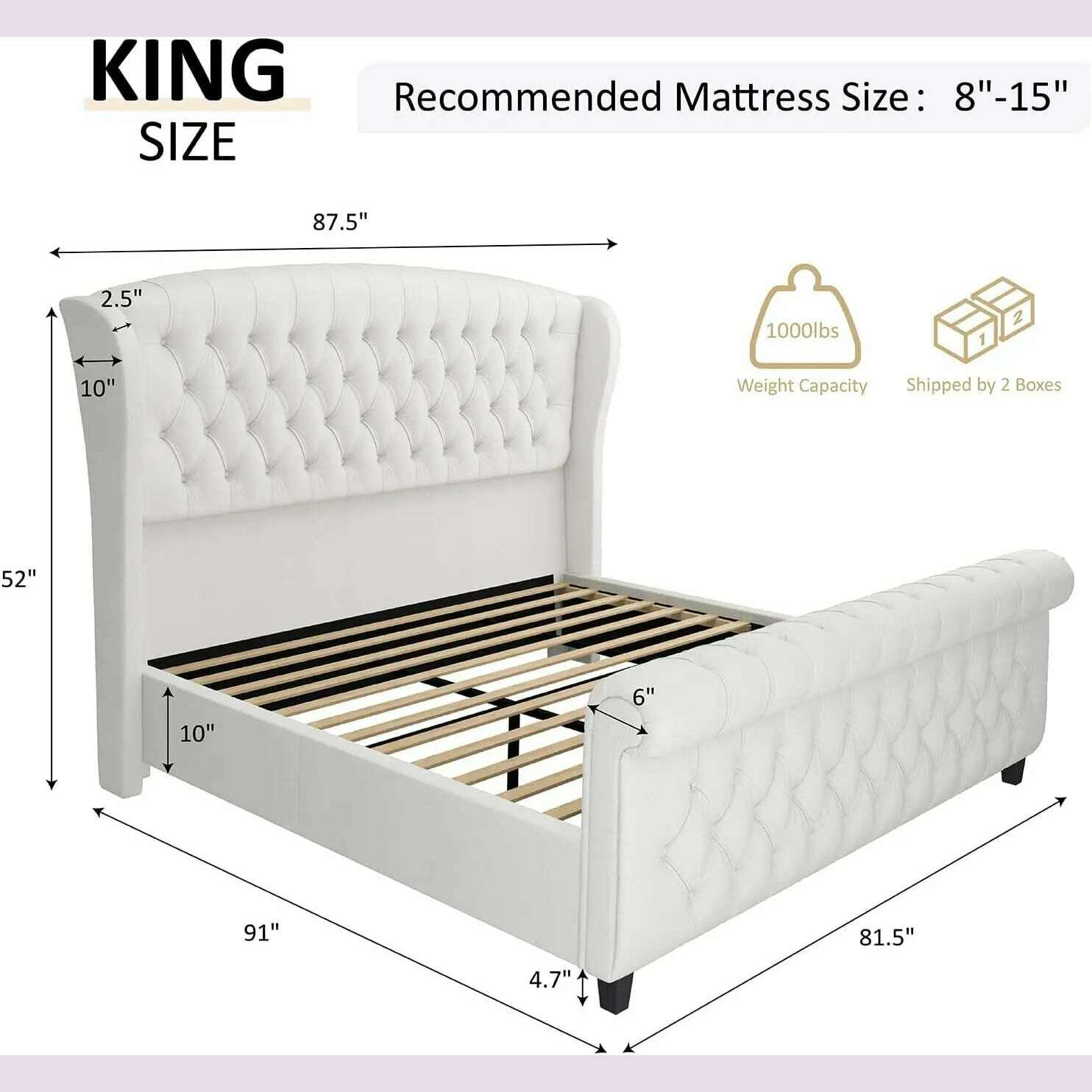 KIMLUD, King Size Platform Bed Frame, Chenille Upholstered Sleigh Bed with Scroll Wingback Headboard & Footboard/Button Tufted, KIMLUD Womens Clothes
