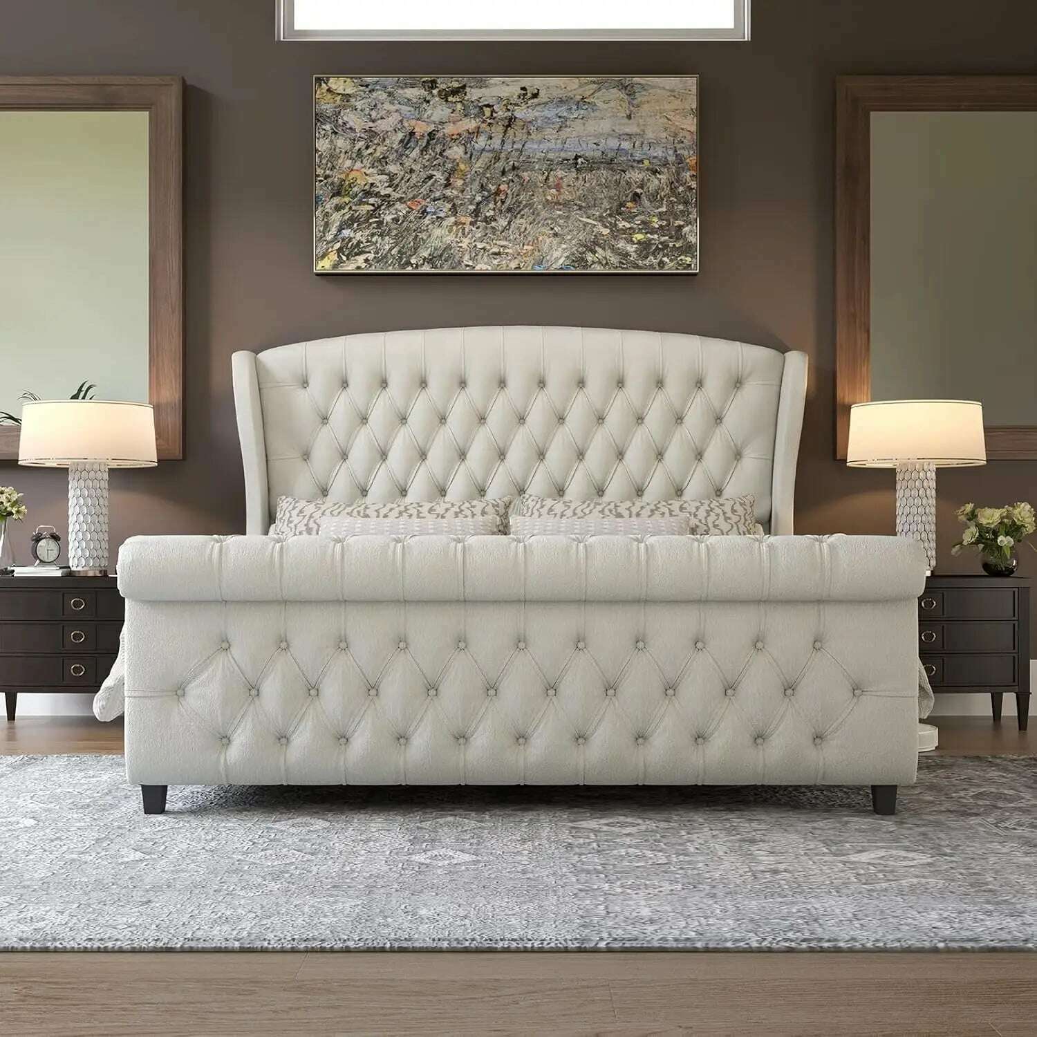 KIMLUD, King Size Platform Bed Frame, Chenille Upholstered Sleigh Bed with Scroll Wingback Headboard & Footboard/Button Tufted, KIMLUD Womens Clothes