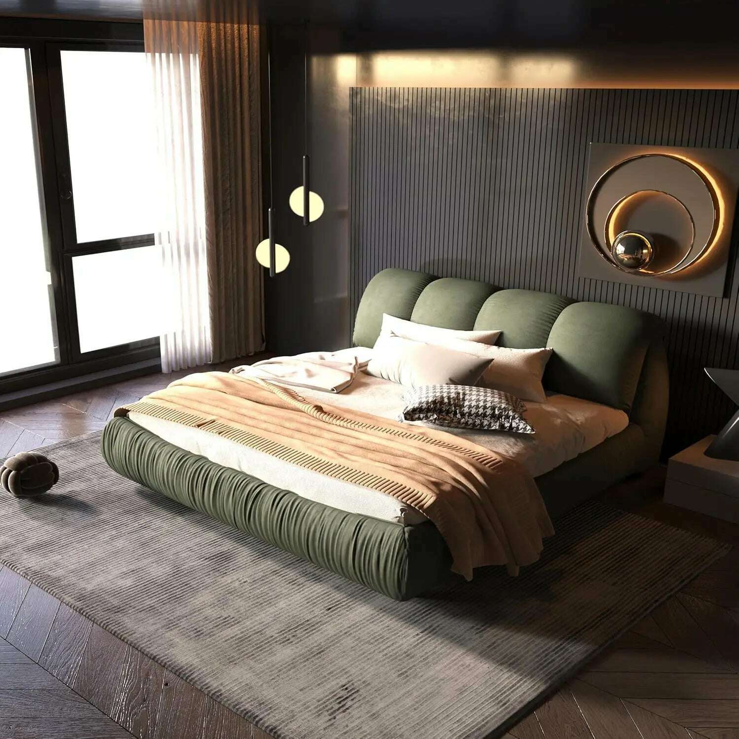 KIMLUD, King Size Platform Bed with Overstuffed Padded Headboard, Lite Deluxe Faux Leather Upholstered Solid Wood Frame Cloud Bed, Queen-green / United States / King, KIMLUD APPAREL - Womens Clothes
