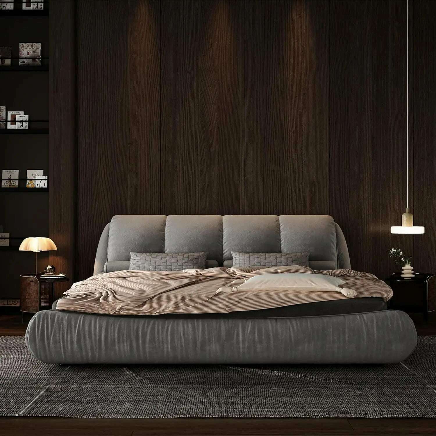 KIMLUD, King Size Platform Bed with Overstuffed Padded Headboard, Lite Deluxe Faux Leather Upholstered Solid Wood Frame Cloud Bed, King-grey / United States / King, KIMLUD APPAREL - Womens Clothes