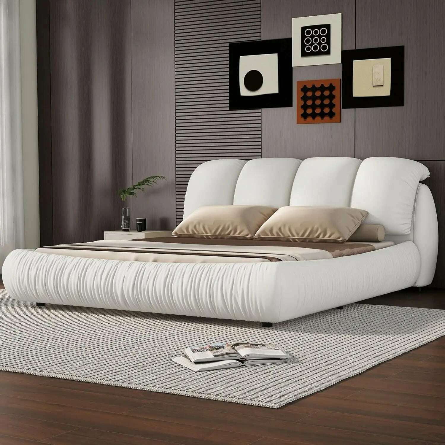 KIMLUD, King Size Platform Bed with Overstuffed Padded Headboard, Lite Deluxe Faux Leather Upholstered Solid Wood Frame Cloud Bed, Queen-cream White / United States / King, KIMLUD APPAREL - Womens Clothes