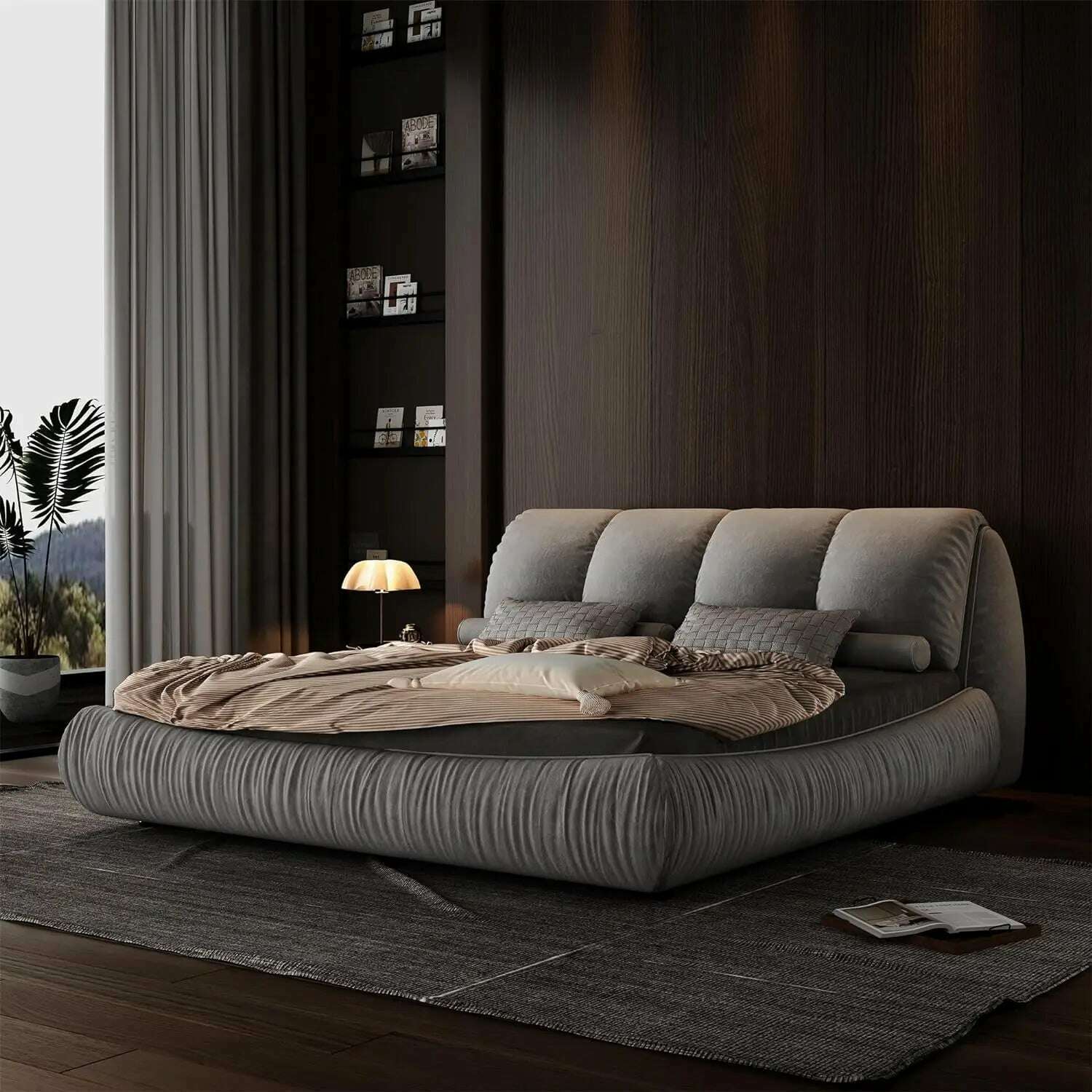 KIMLUD, King Size Platform Bed with Overstuffed Padded Headboard, Lite Deluxe Faux Leather Upholstered Solid Wood Frame Cloud Bed, Queen-grey / United States / King, KIMLUD APPAREL - Womens Clothes