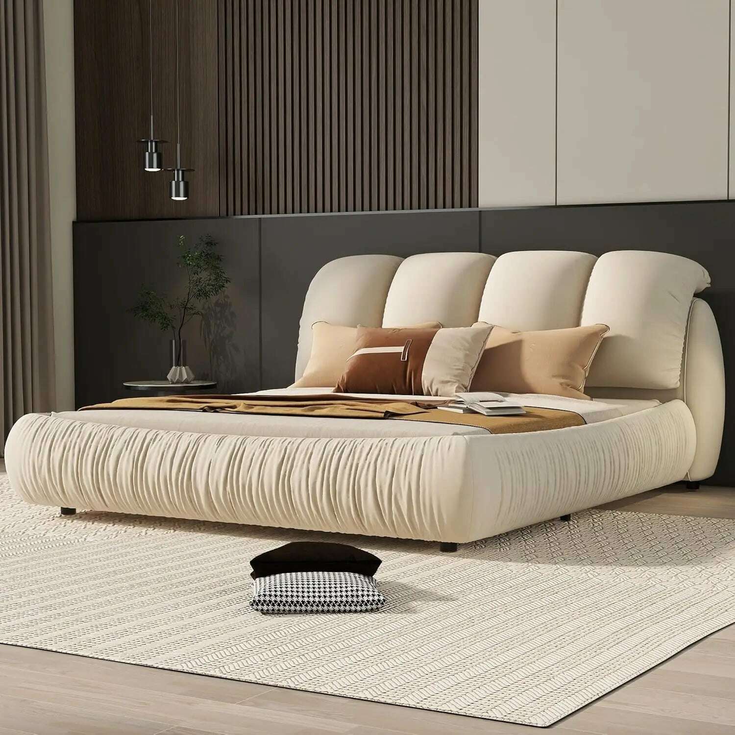 KIMLUD, King Size Platform Bed with Overstuffed Padded Headboard, Lite Deluxe Faux Leather Upholstered Solid Wood Frame Cloud Bed, Queen-cream Beige / United States / King, KIMLUD APPAREL - Womens Clothes