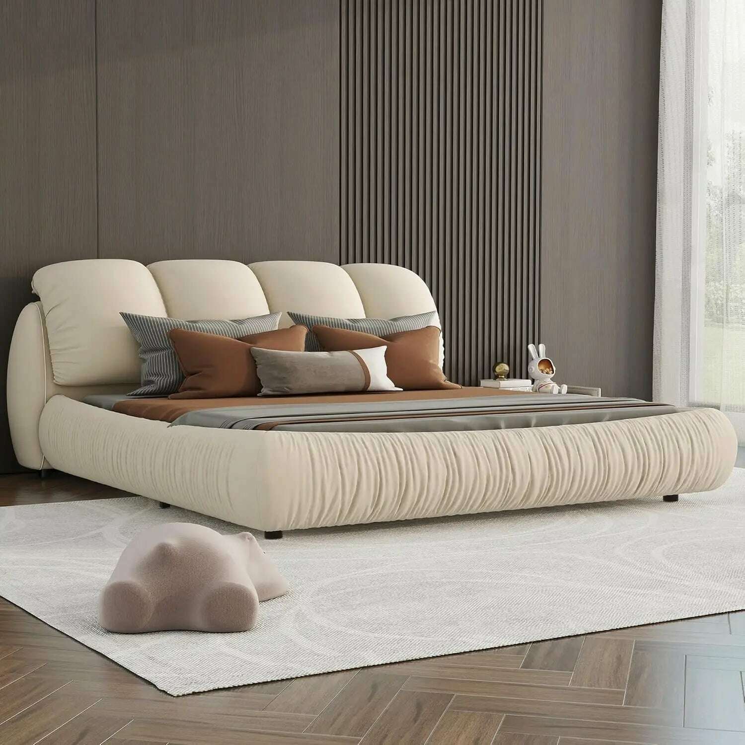 KIMLUD, King Size Platform Bed with Overstuffed Padded Headboard, Lite Deluxe Faux Leather Upholstered Solid Wood Frame Cloud Bed, King-cream Beige / United States / King, KIMLUD APPAREL - Womens Clothes