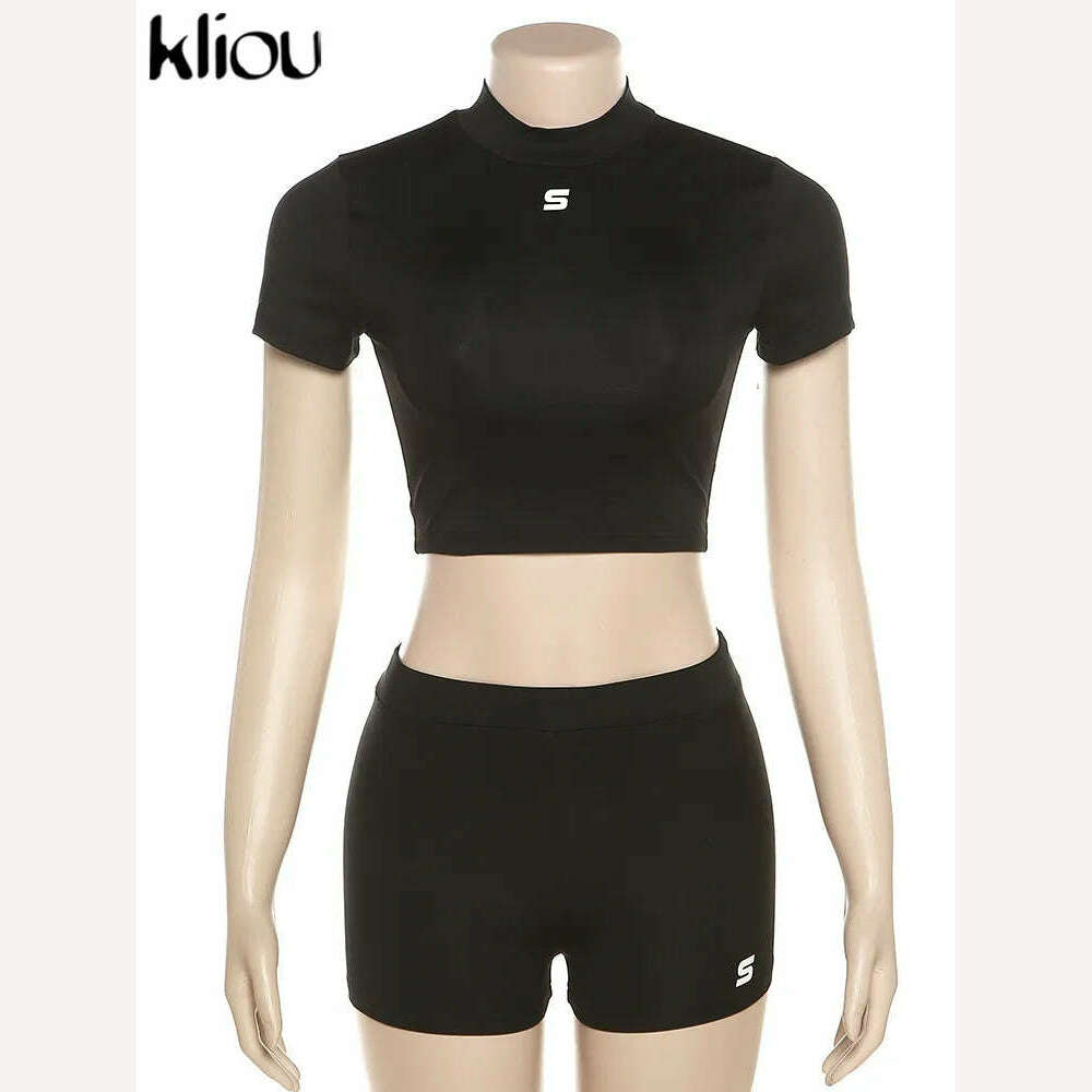 KIMLUD, Kliou Letter Applique Solid Two Pieces Set Women Sporty Crew Neck Crop Tops + High Waist Shorts Lady Minimalist Activewear Suit, KIMLUD Womens Clothes