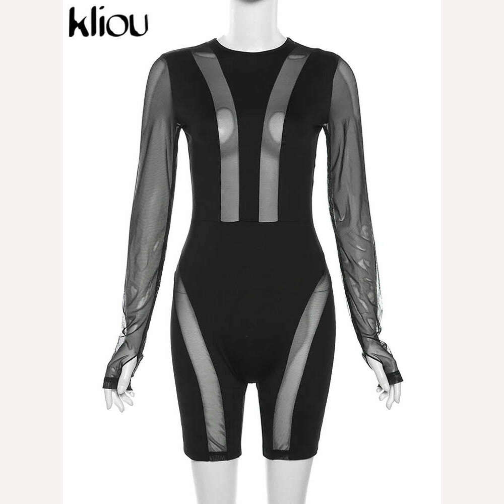 KIMLUD, Kliou Mesh Patchwork Sheer Playsuits Women Sexy Cleavage Full Sleeve With Finger Hole Skinny Rompers Female Zip Up Fashion Wear, KIMLUD Womens Clothes