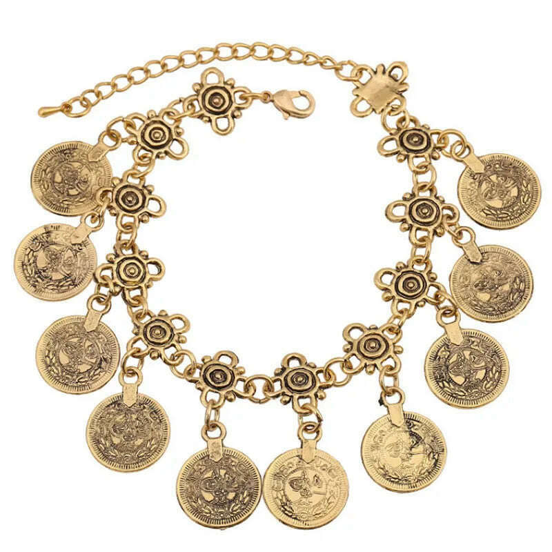 KIMLUD, KMVEXO Party Hippy Boho Beach Turkish Jewelry Gold color Coin Vintage Bohemia Carved Coin Bracelets Bangles for Woman pulseras, KIMLUD Womens Clothes