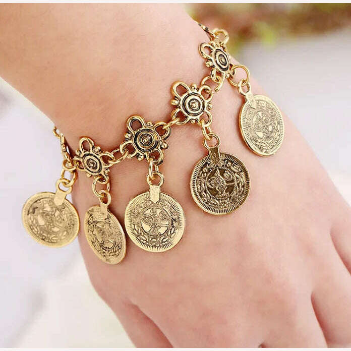 KIMLUD, KMVEXO Party Hippy Boho Beach Turkish Jewelry Gold color Coin Vintage Bohemia Carved Coin Bracelets Bangles for Woman pulseras, KIMLUD Women's Clothes