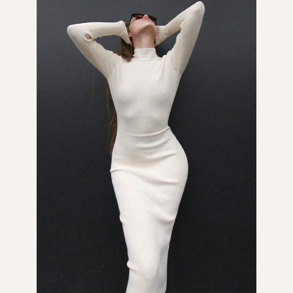Knitted Turtleneck Dress Women Autumn Winter Long Sleeve Bodycon Midi Dresses Female Elegant Fashion Solid Color Skinny Dress - KIMLUD