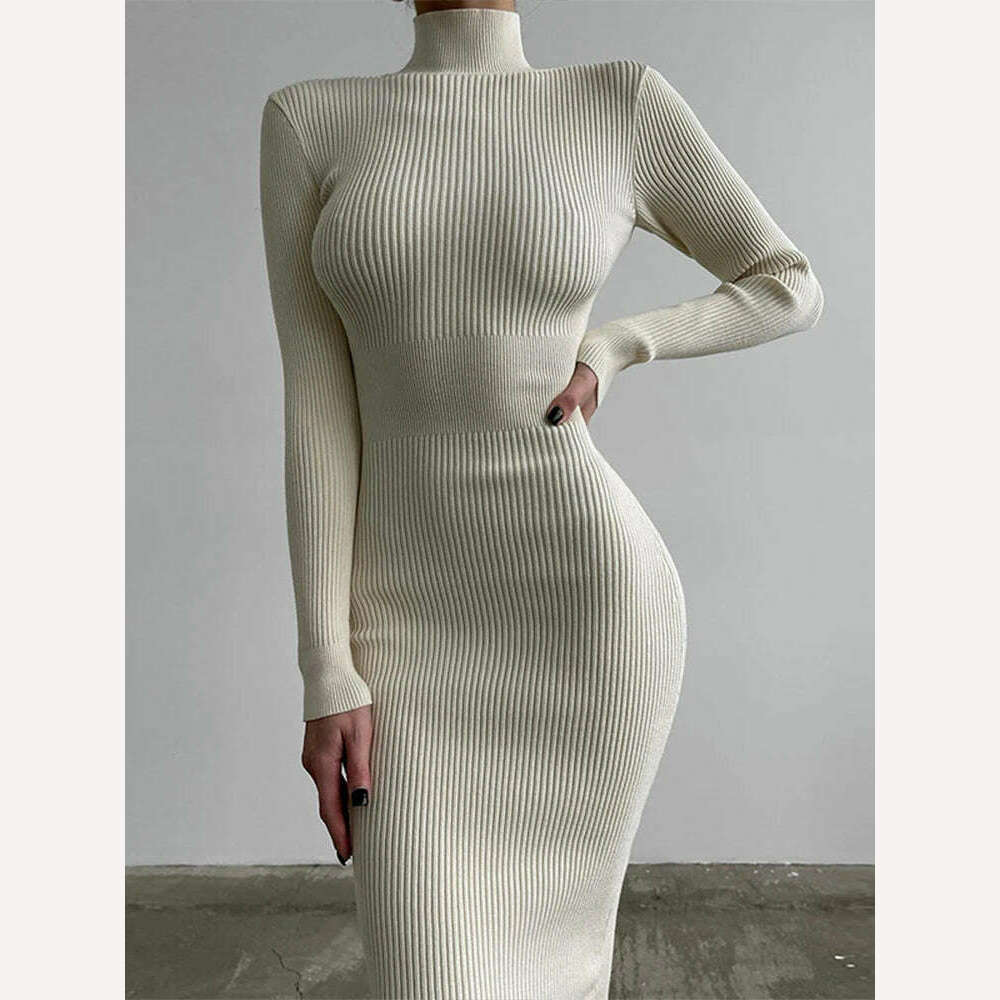Knitted Turtleneck Dress Women Autumn Winter Long Sleeve Bodycon Midi Dresses Female Elegant Fashion Solid Color Skinny Dress - KIMLUD