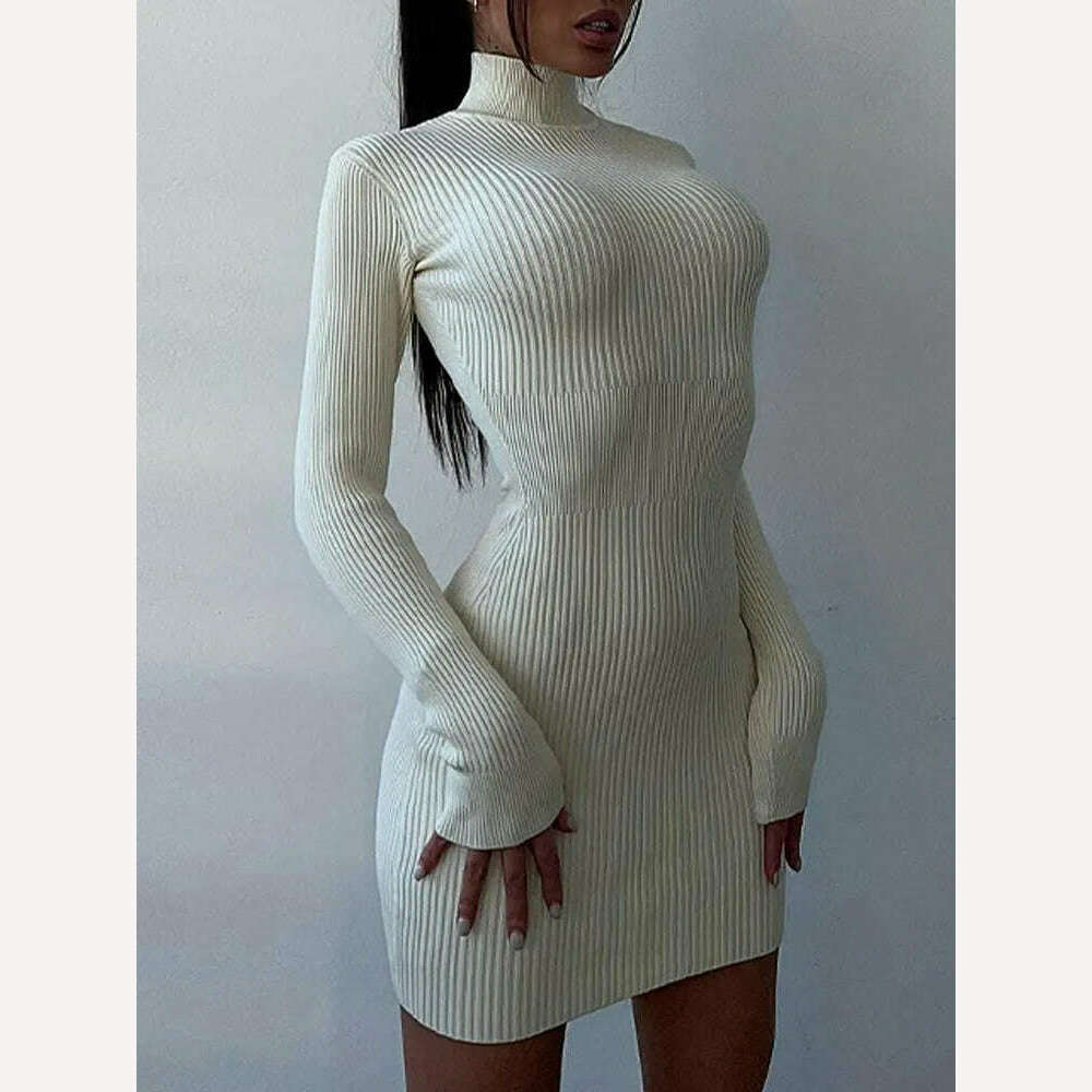 KIMLUD, Knitted Turtleneck Dress Women Autumn Winter Long Sleeve Bodycon Midi Dresses Female Elegant Fashion Solid Color Skinny Dress, White mini / S, KIMLUD Womens Clothes