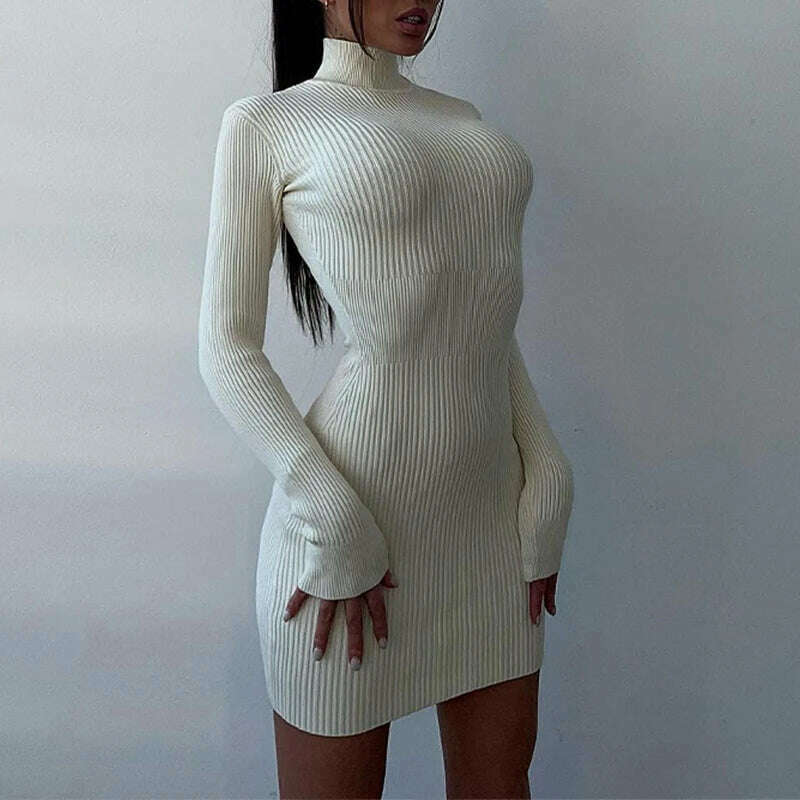 Knitted Turtleneck Dress Women Autumn Winter Long Sleeve Bodycon Midi Dresses Female Elegant Fashion Solid Color Skinny Dress - KIMLUD