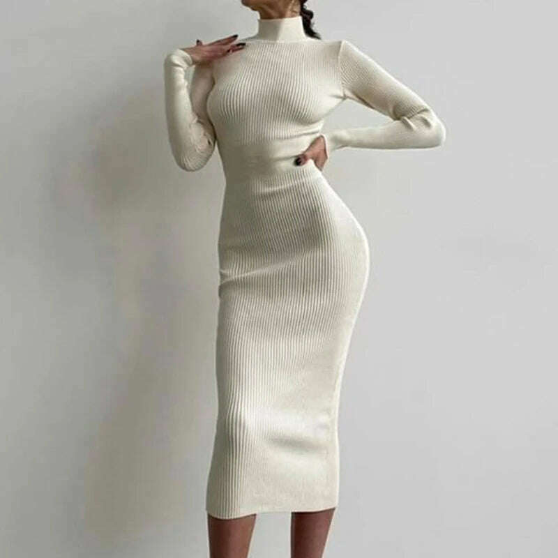 Knitted Turtleneck Dress Women Autumn Winter Long Sleeve Bodycon Midi Dresses Female Elegant Fashion Solid Color Skinny Dress - KIMLUD