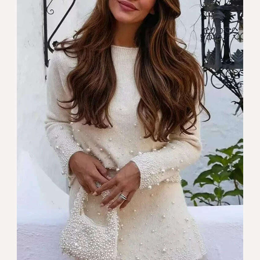 KONDALA Vintage Knitted Pearl Women Suits Long Sleeve O Neck Thick Sweater+High Waist Knit Skirts Fashion 2024 Elegant Women Set - KIMLUD