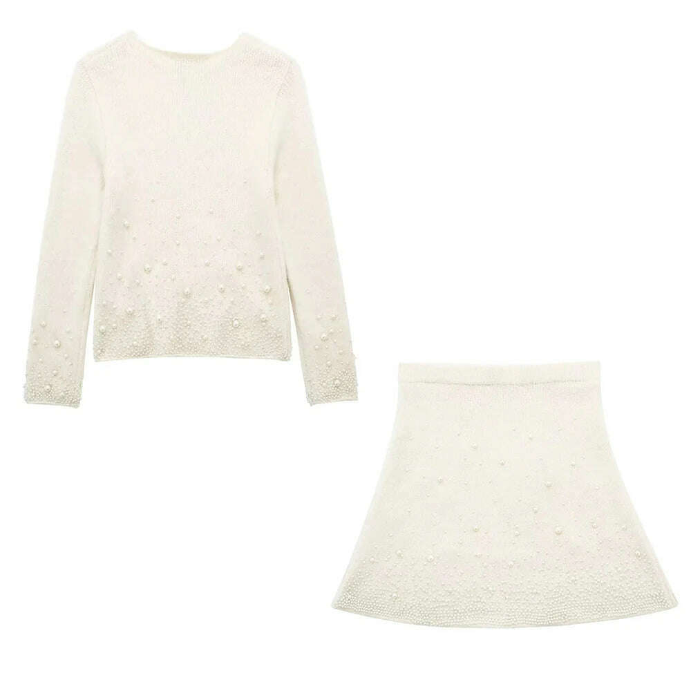 KONDALA Vintage Knitted Pearl Women Suits Long Sleeve O Neck Thick Sweater+High Waist Knit Skirts Fashion 2024 Elegant Women Set - KIMLUD