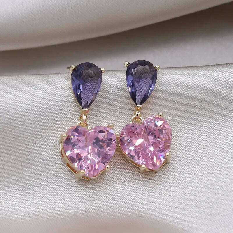 KIMLUD, Korea New Design Fashion Jewelry Simple Purple Crystal Water Drops Pink Zircon Love Pendant Earrings Sweet Women&#39;s Party Earring, KIMLUD Women's Clothes